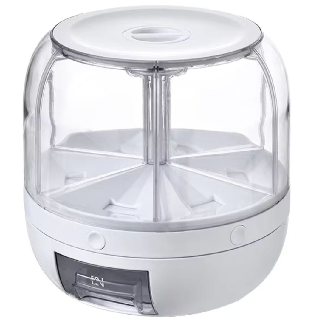DISPENSER DE GRANOS – CONTENEDOR GIRATORIO CON 6 COMPARTIMIENTOS Y DOSIFICADOR