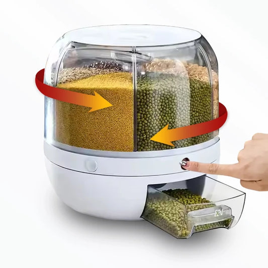 DISPENSER DE GRANOS – CONTENEDOR GIRATORIO CON 6 COMPARTIMIENTOS Y DOSIFICADOR